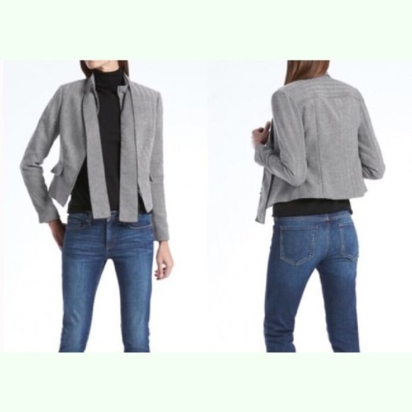 NWT Banana Republic Herringbone Removeable Tie Neck Jacket Wool Blend Gray Sz 8 - Picture 1 of 16
